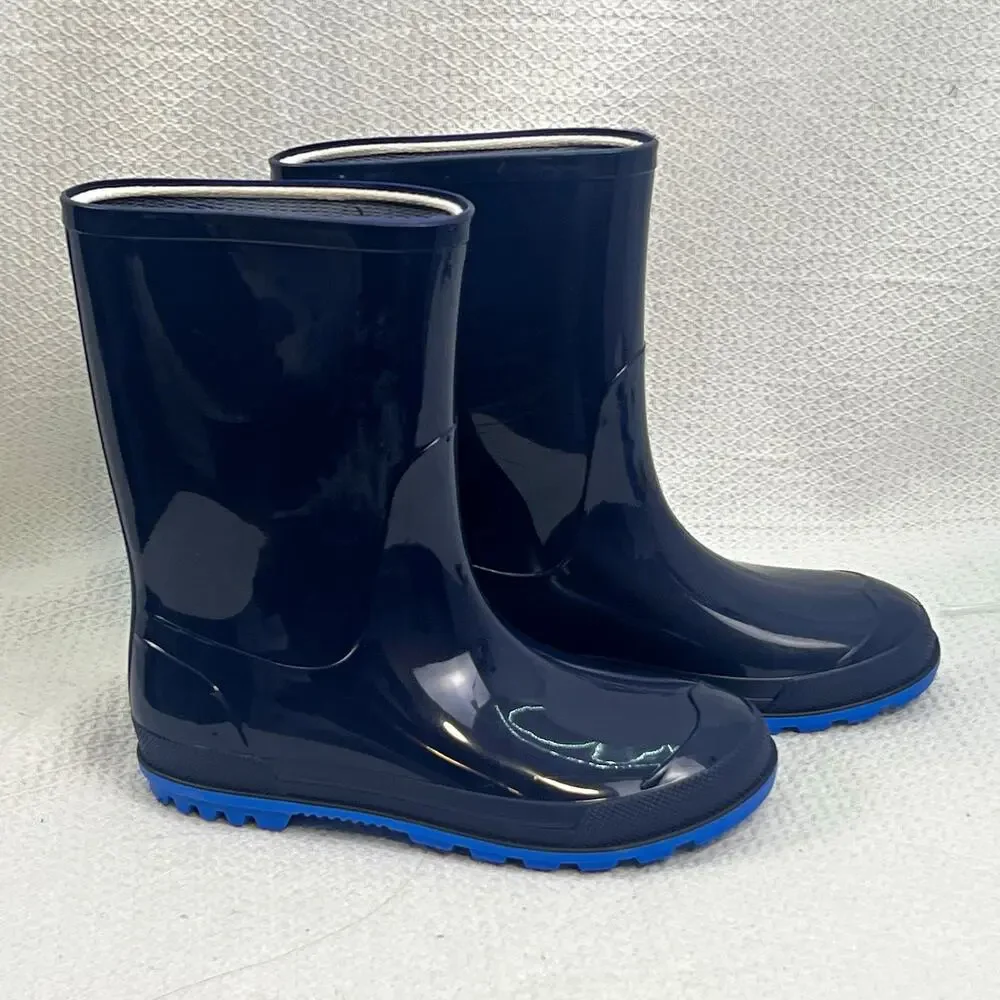 Unisex Kids Navy/Blue Rubber Rain Boots Pull-On Mid-Calf Round Toe Size 3